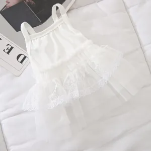 White summer pet dress with delicate lace ruffles and straps for small dogs and cats.