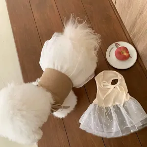 Cute spring summer pet dog cat dress with bow polka dot mesh skirt for small pets puppy