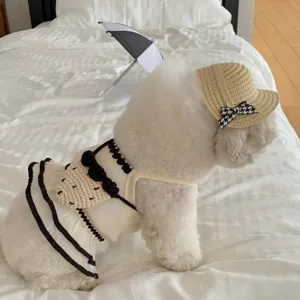 Summer dog strap dress cute pet clothes with straw hat breathable mesh skirt for puppy cat apparel