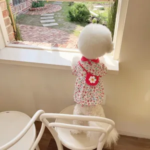 Floral pet dress for small dogs, thin summer puppy clothes with cute bag for daily wear.