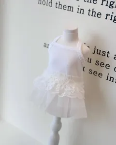 Pet summer thin white lace halter dress detail view, perfect for small dogs and cats clothing.