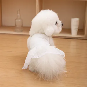Detail shot of cute white pet lace dress for small dogs and cats, soft fabric design.