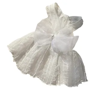 White lace pet dress for small dogs and cats, summer puppy wedding gown with big bow and pearl.