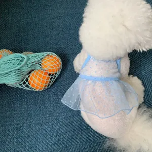 Cute summer pet mesh dress for dogs and cats, light blue polka dot puppy skirt apparel.