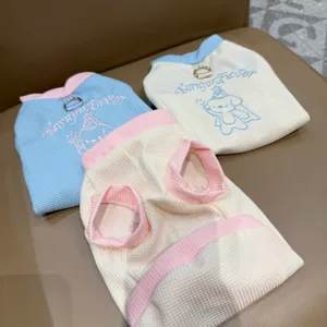 Cute waffle pet vest for small dogs and cats, breathable summer clothing with cute embroidery.