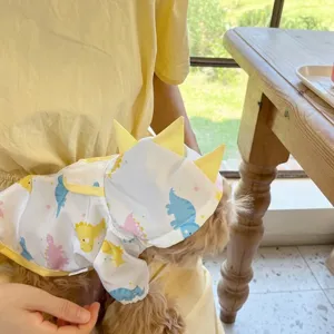 Détail de l'imperméable mignon pour chien dinosaure avec tissu étanche et capuche jaune.