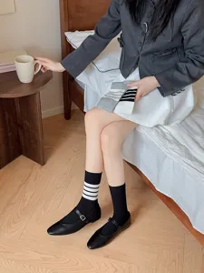 Women's thin mid-calf socks, Japanese JK college style, three stripes, breathable summer socks.