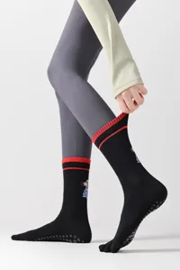 Cute dog embroidery five toe socks for women, non-slip silicone yoga pilates mid-tube sports socks
