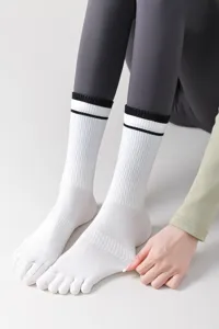 Women sports five-toe mid-calf socks white with black stripes detail view comfortable fit