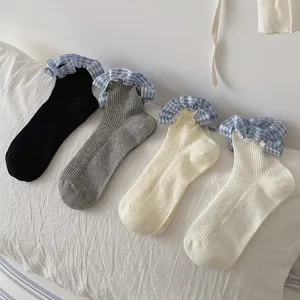 Chaussettes mi-hautes femme à revers volantés à carreaux bleus, style doux, 4 couleurs, été.