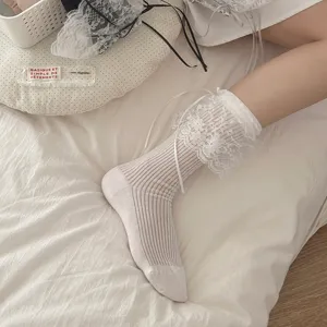 Chaussettes bouffantes en dentelle Lolita blanche avec joli nœud ruban pour femmes