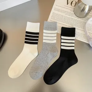 Women JK style striped crew socks, casual spring summer breathable cotton college fashion socks