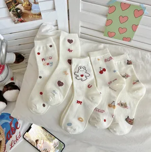 Cute cotton mid-tube socks with sweet bear and cat cartoon prints, soft and stylish for daily wear.