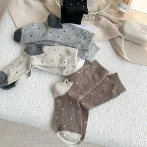 Chaussettes en laine pour femmes style japonais vintage avec motif chat et pois, chaud.