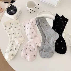 Damen Netz Blumen Mittelsocken japanische süße atmungsaktive Frühlings Sommer Socken weiß