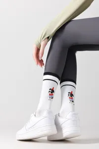 Cute dog embroidery mid-calf socks for women, casual sporty white cotton socks.