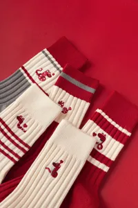 Red snake year knitted mid-tube socks, cute embroidered winter warm women daily casual wear