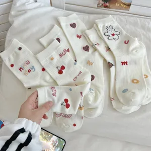 Cute Japanese style mid-tube socks for women, featuring lovely cherry and bear prints.