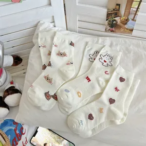 Cute Japanese style cotton mid-tube socks featuring adorable cat and bear embroidery patterns.