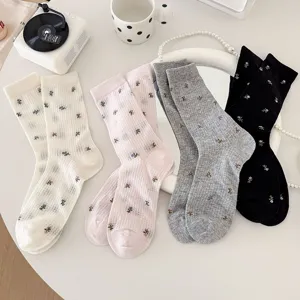 Damen Süß Blumen Netz Ausschnitt Wadenlange Socken Atmungsaktiv Dünn Lässig Slouch Crew Socken