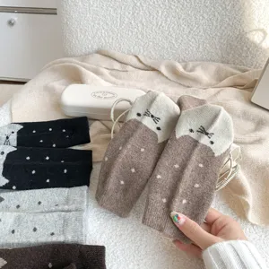 Chaussettes chaudes en laine avec chat et pois, style vintage japonais, chaussettes d'hiver.