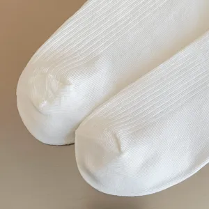 Close-up detail view of white ribbed knit socks, highlighting fine texture and soft fabric.