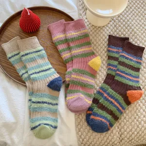 Women Winter Warm Slouch Socks Thick Striped Color Block Retro Mid-Calf Cotton Blend Fashion Cozy Thermal Socks