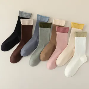 Women Casual Cotton Crew Socks Contrast Color Fake Two-Piece Sports Fashion Daily Wear Comfortable Socks