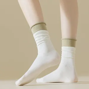 Women mid-calf socks with contrast color double cuffs, comfortable cotton casual socks for daily wear