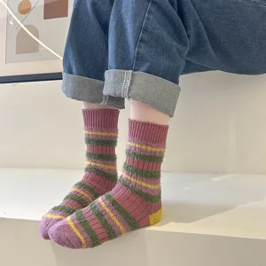 Korean style fluffy knit socks, vintage striped warm mid-tube women socks for autumn winter.