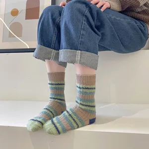 Korean style retro striped mid-calf socks sweet autumn winter warm color block women socks