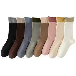 Women casual crew socks dual layer contrast color mid tube cotton socks set of eight pairs