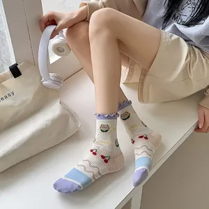 Cute women's mid-tube mesh cotton socks with sweet cartoon bear and cherry patterns for summer.