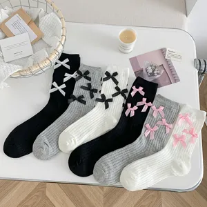 Women Sweet Lolita Bowknot Mid Tube Socks Casual Cotton Ribbed Cute College Style Fashion Hosiery Daily Wear