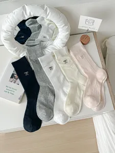 Women cute bow embroidered mesh mid-calf socks sweet balletcore style breathable hosiery
