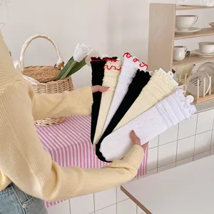 Detailed view of ballet style lace ruffle slouch socks, breathable hollow summer calf socks.