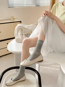 Grey ribbed mid-calf socks paired with chic beige ballet flat shoes for women spring.