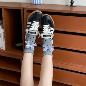 Sweet polka dot crew socks for women, cute lace bow ruffle design, cozy autumn winter JK socks.