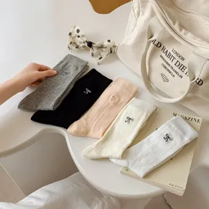 Bow embroidery women socks ballet style sweet girl mesh breathable mid-tube slouch socks detail