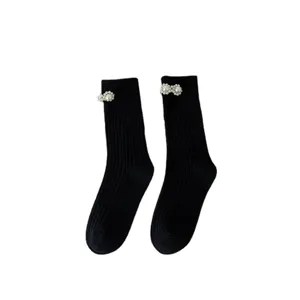 Calzini neri al ginocchio da donna con elegante decorazione di fiocco di perle stile Lolita giapponese