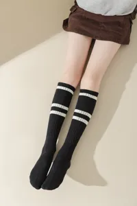 Women black knee high socks Japanese JK style double stripe long tube cotton socks
