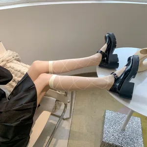 Japanese style sheer diamond pattern knee high socks paired with stylish platform shoes.