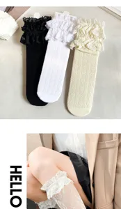 Calcetines de pantorrilla con volantes de encaje para mujer, estilo JK lolita largos negro blanco.