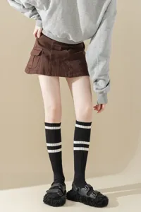 Close-up of black knee-high socks with white stripes, stylish JK college style detail shot.