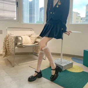 Japanese style sheer argyle knee-high socks for women, trendy summer thin calf hosiery.