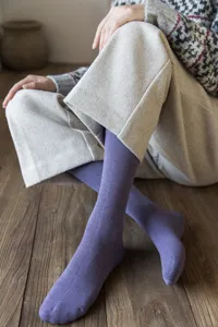 Close-up of thick purple knit winter socks showing soft terry texture and cozy fit details.