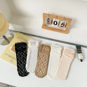 Women lace sheer sweet frilly mid-calf stack socks Japanese Lolita style thin summer socks