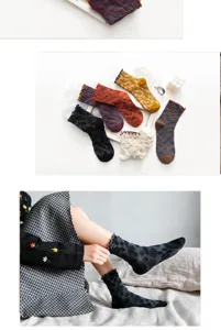 Women ethnic jacquard ruffle mid tube socks Japanese vintage casual cotton hosiery