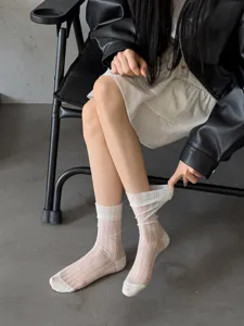 Sheer white summer socks for women, Japanese solid color translucent slouch socks, breathable.