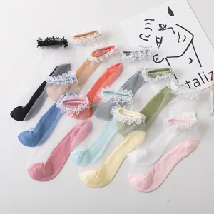 Women Summer Thin Japanese Cute Lace Transparent Crystal Silk Short Socks Sweet Ruffle Ankle Hosiery Female Fashion